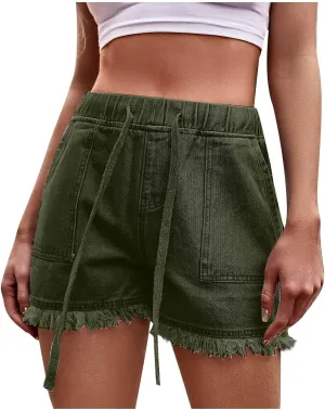 Womens Casual Jean Shorts Dressy Elastic Drawstring High Waisted Jean Shorts Ladies Cute Tassel Outside Wear Shorts