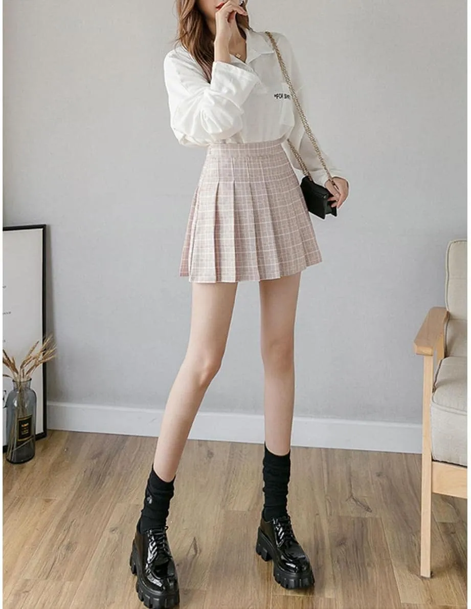 Women's Casual Plaid High Waist Pleated Skirt Slim A Line Uniform Mini Skirts