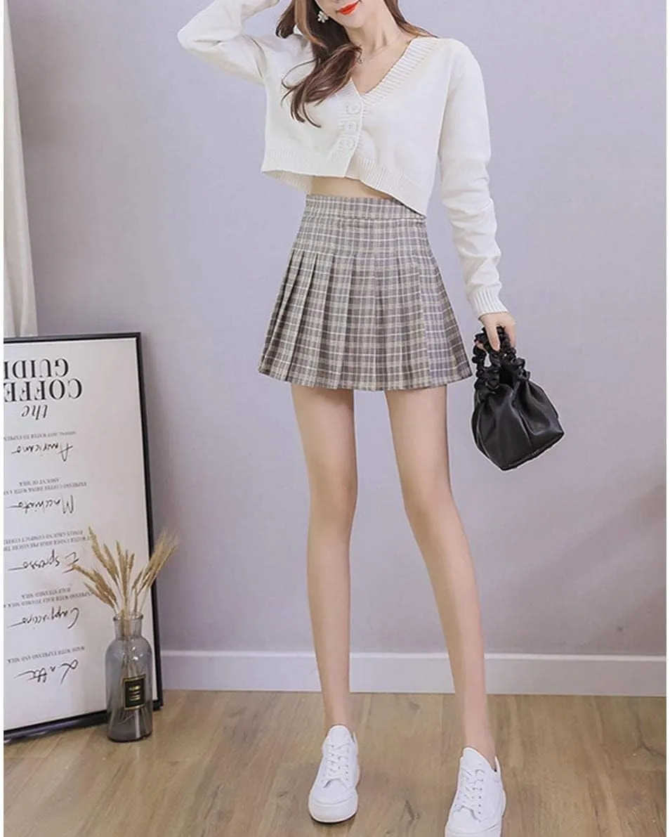 Women's Casual Plaid High Waist Pleated Skirt Slim A Line Uniform Mini Skirts