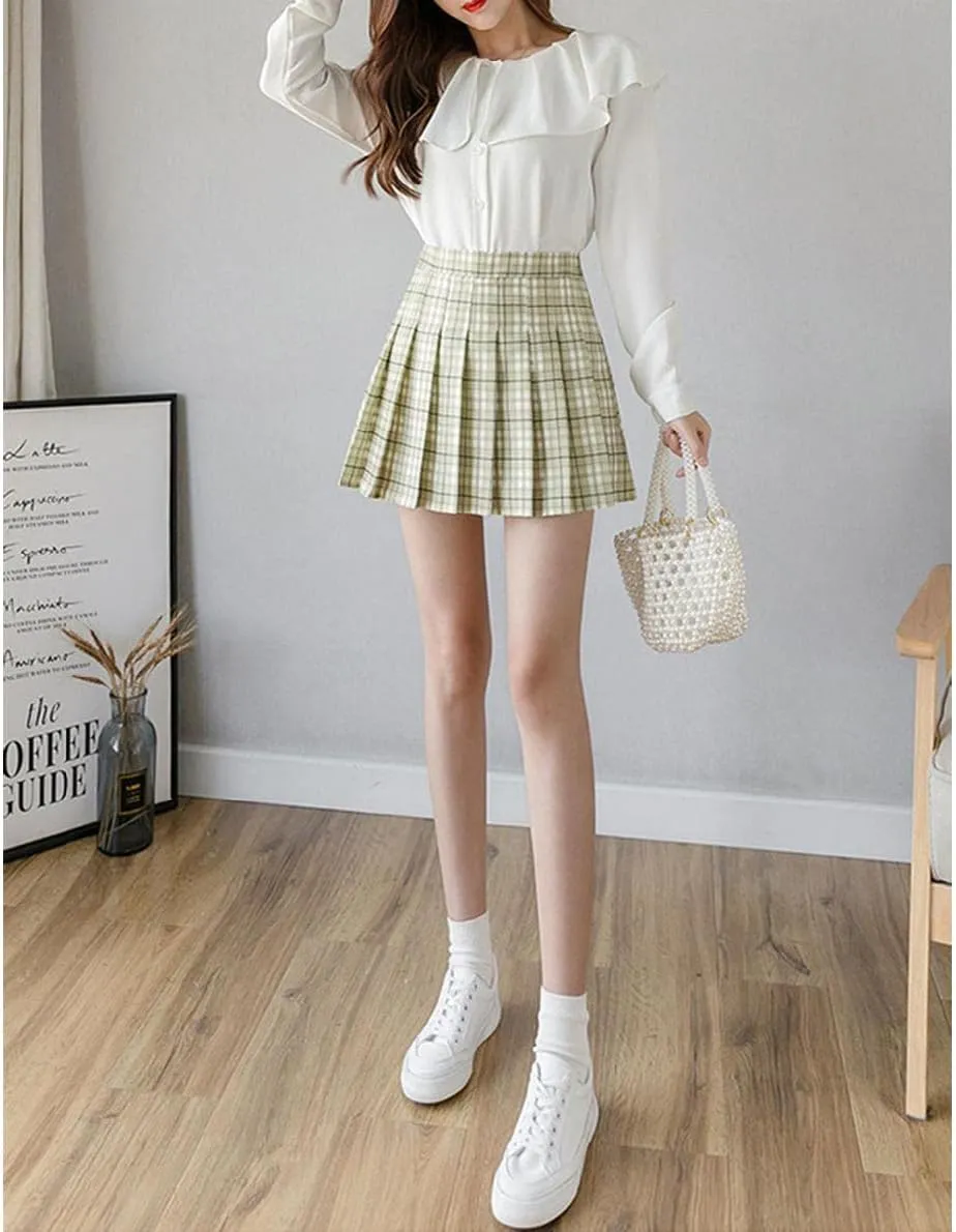 Women's Casual Plaid High Waist Pleated Skirt Slim A Line Uniform Mini Skirts
