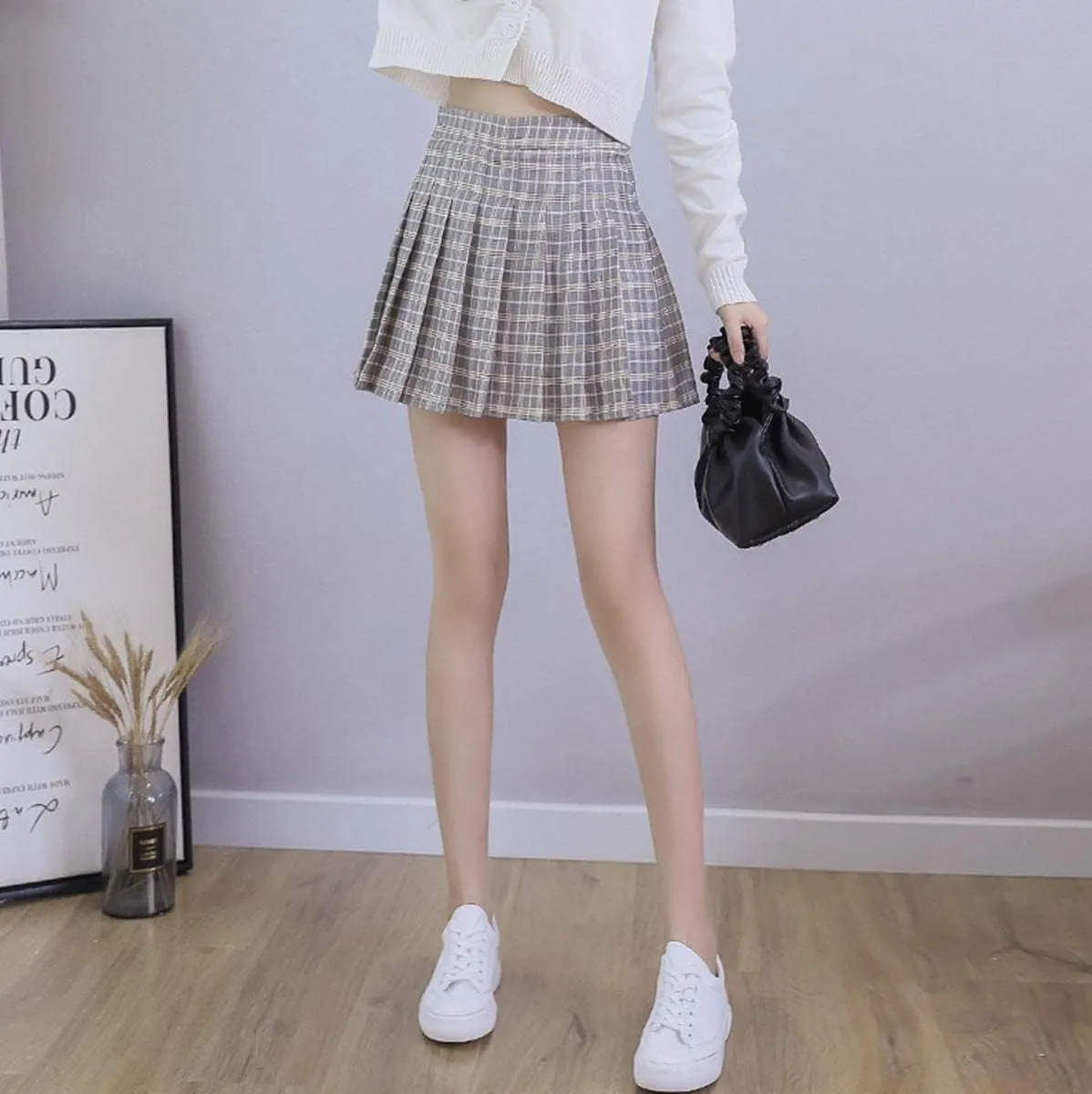 Women's Casual Plaid High Waist Pleated Skirt Slim A Line Uniform Mini Skirts