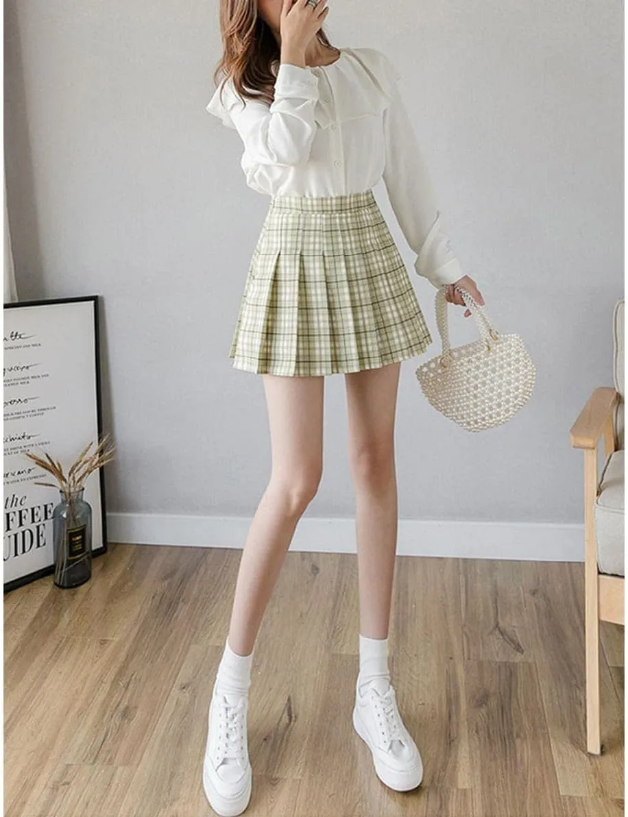 Women's Casual Plaid High Waist Pleated Skirt Slim A Line Uniform Mini Skirts