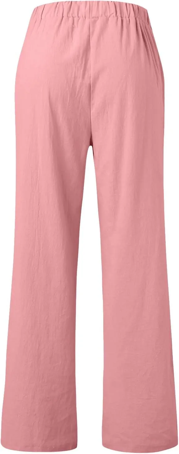 Womens Casual Solid High Waisted Trousers with Pockets Loose Wide Leg Cozy Pants Baggy Comfy Straight Leg Pants