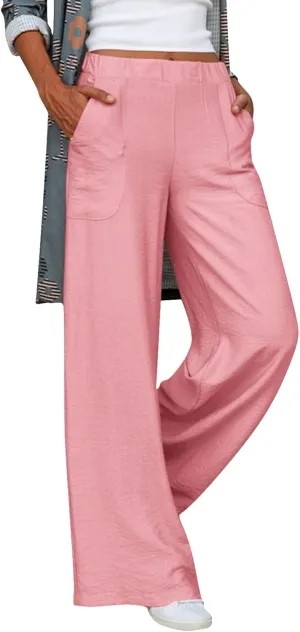 Womens Casual Solid High Waisted Trousers with Pockets Loose Wide Leg Cozy Pants Baggy Comfy Straight Leg Pants