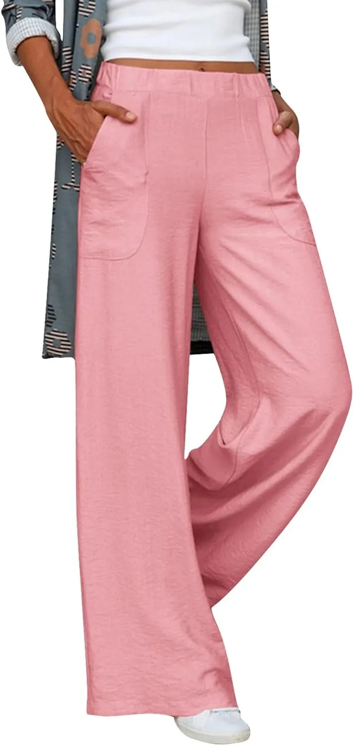 Womens Casual Solid High Waisted Trousers with Pockets Loose Wide Leg Cozy Pants Baggy Comfy Straight Leg Pants