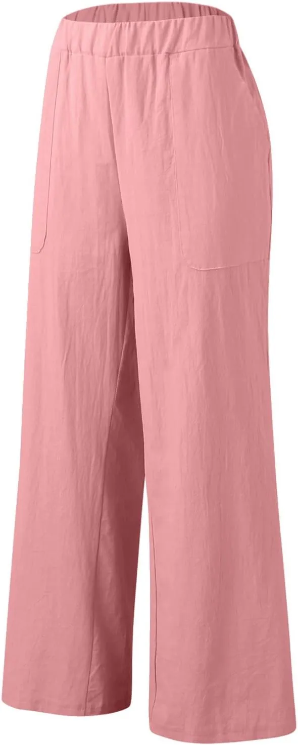 Womens Casual Solid High Waisted Trousers with Pockets Loose Wide Leg Cozy Pants Baggy Comfy Straight Leg Pants