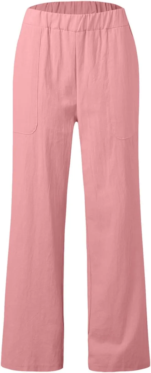 Womens Casual Solid High Waisted Trousers with Pockets Loose Wide Leg Cozy Pants Baggy Comfy Straight Leg Pants