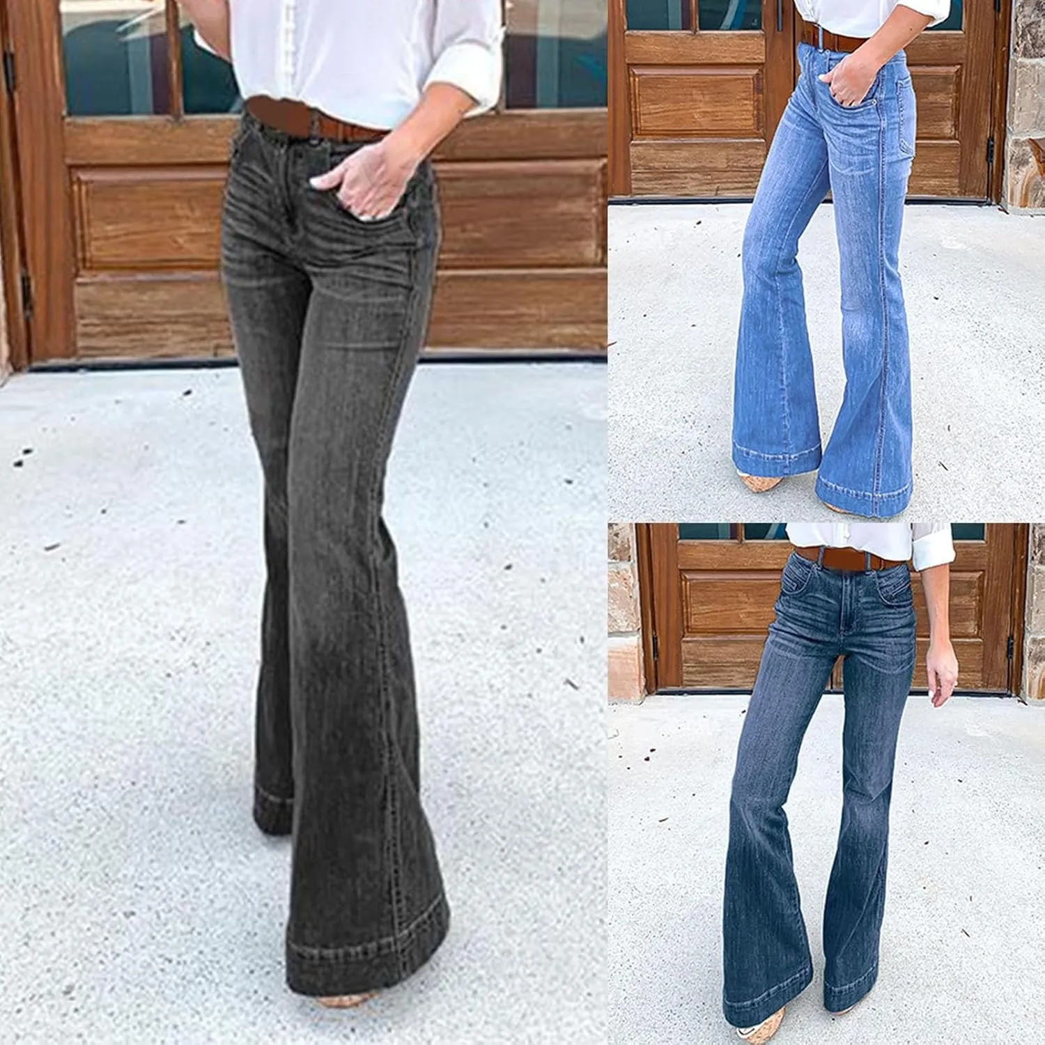 Women's Classic High Jeans Pants Pocket Plus Size Length Women Fitness High Waisted Wide Leg Bootcut Jeans