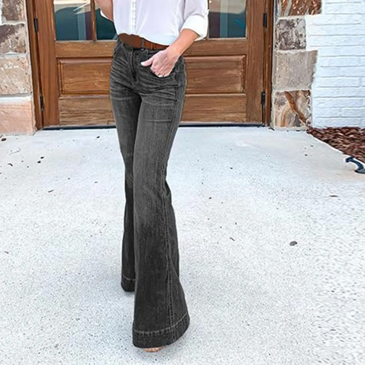 Women's Classic High Jeans Pants Pocket Plus Size Length Women Fitness High Waisted Wide Leg Bootcut Jeans