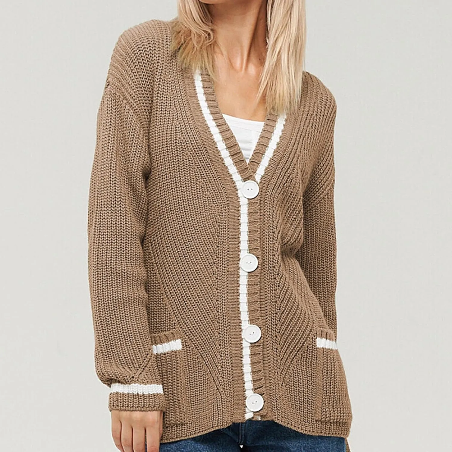 Women's Color Block Cardigan Sweaters 2024 Long Sleeve Button Down Open Front Chunky Knit Coat with Pockets
