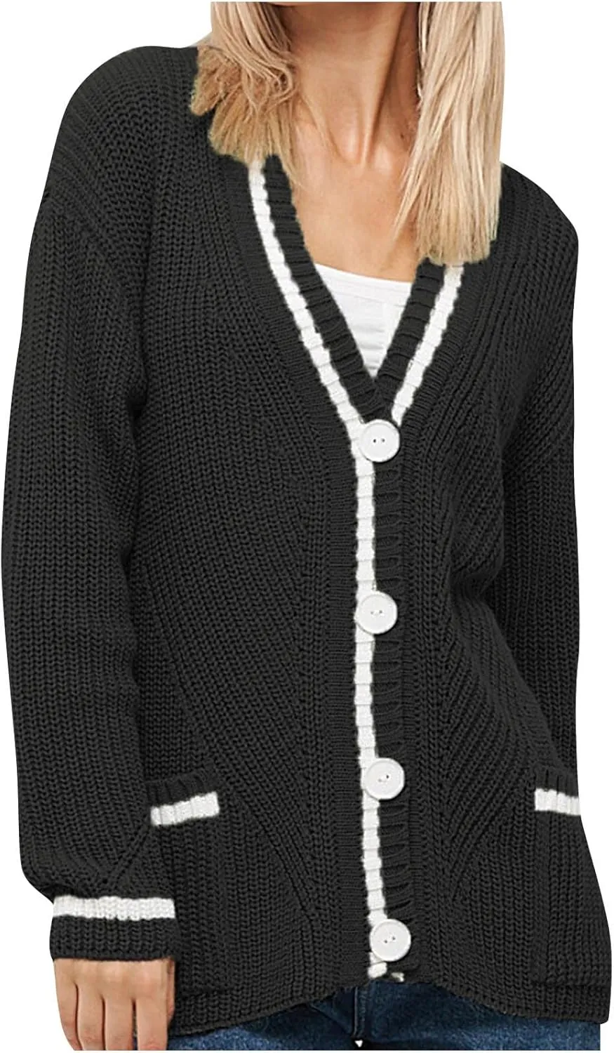 Women's Color Block Cardigan Sweaters 2024 Long Sleeve Button Down Open Front Chunky Knit Coat with Pockets