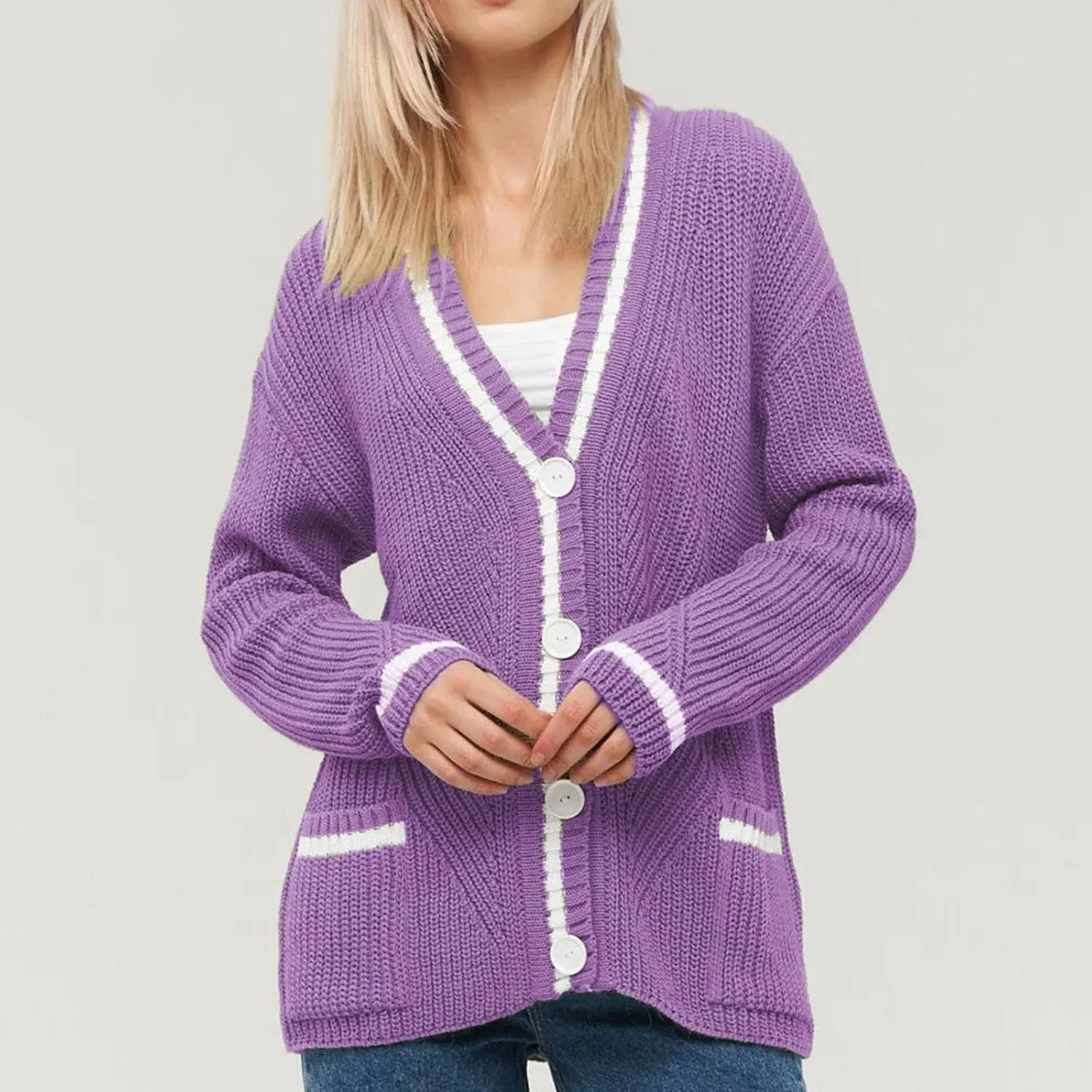 Women's Color Block Cardigan Sweaters 2024 Long Sleeve Button Down Open Front Chunky Knit Coat with Pockets