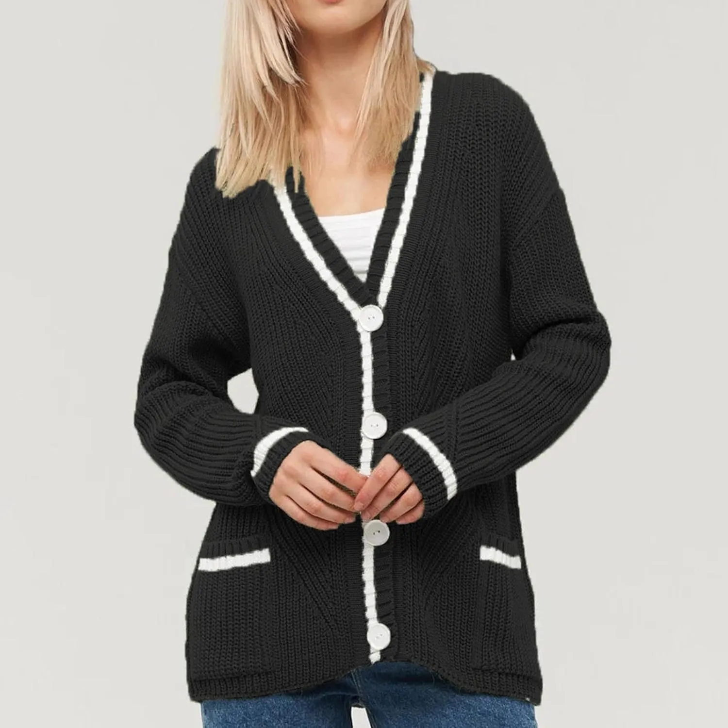 Women's Color Block Cardigan Sweaters 2024 Long Sleeve Button Down Open Front Chunky Knit Coat with Pockets
