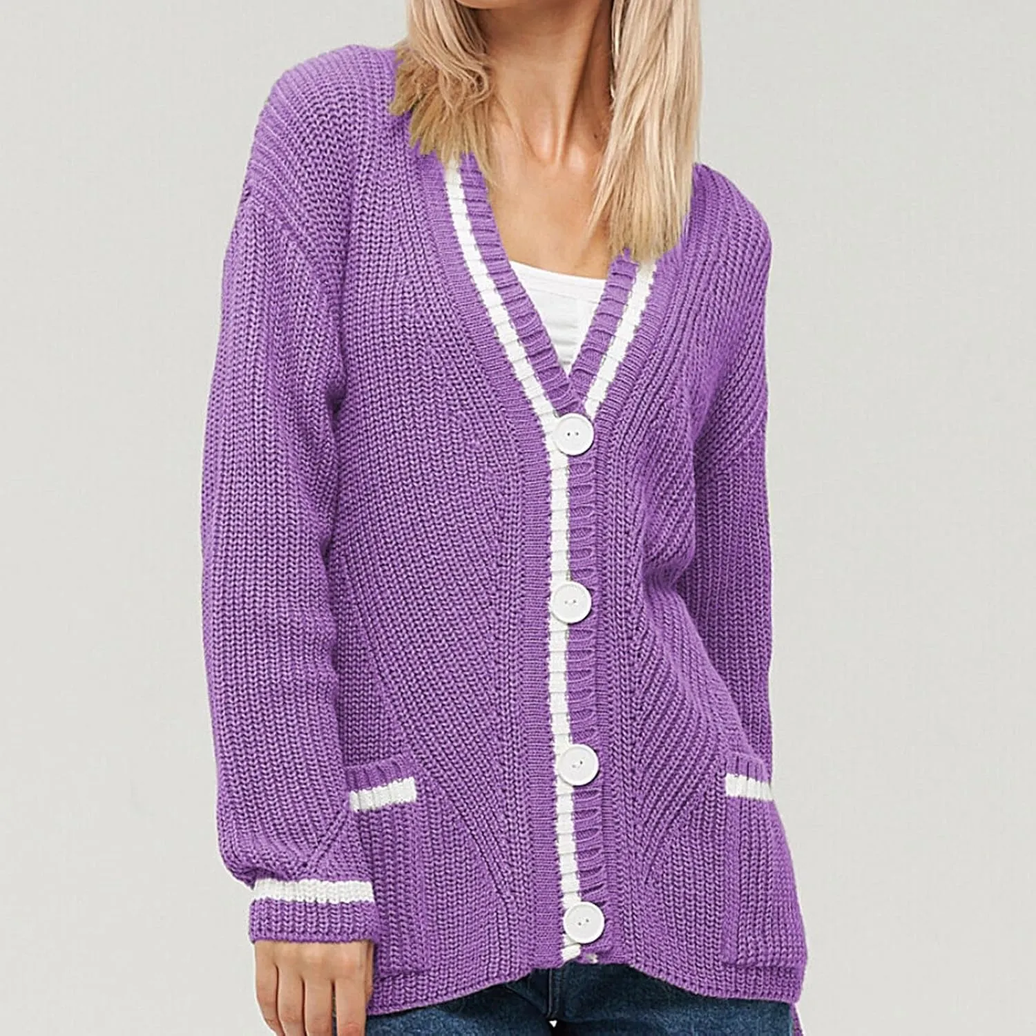 Women's Color Block Cardigan Sweaters 2024 Long Sleeve Button Down Open Front Chunky Knit Coat with Pockets