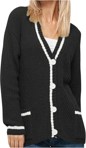 Women's Color Block Cardigan Sweaters 2024 Long Sleeve Button Down Open Front Chunky Knit Coat with Pockets