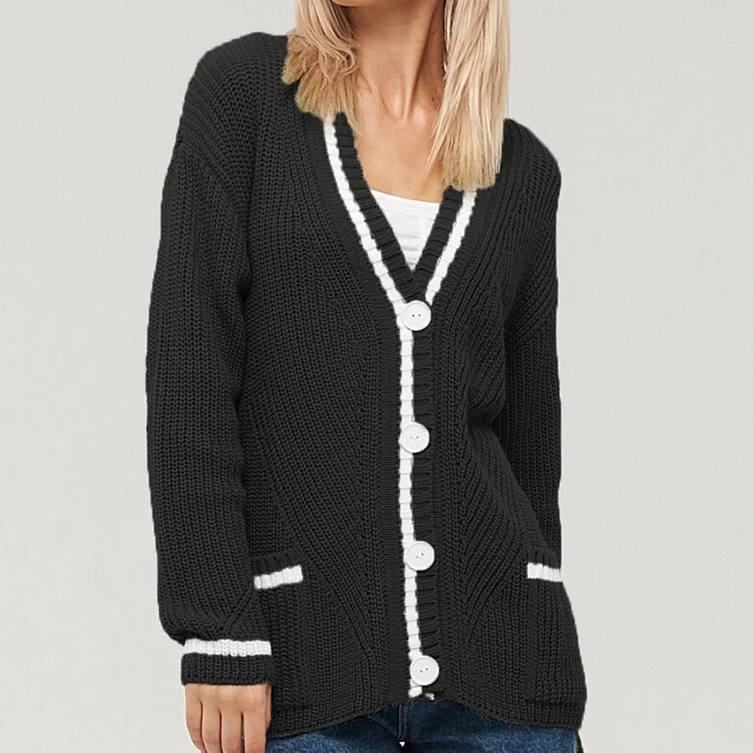 Women's Color Block Cardigan Sweaters 2024 Long Sleeve Button Down Open Front Chunky Knit Coat with Pockets