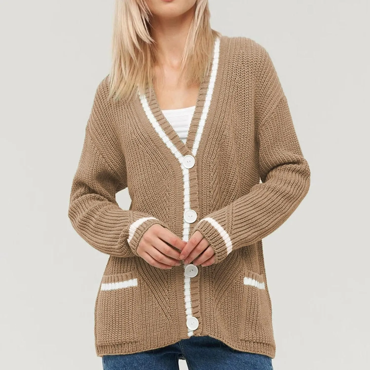 Women's Color Block Cardigan Sweaters 2024 Long Sleeve Button Down Open Front Chunky Knit Coat with Pockets