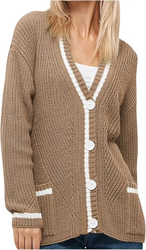 Women's Color Block Cardigan Sweaters 2024 Long Sleeve Button Down Open Front Chunky Knit Coat with Pockets