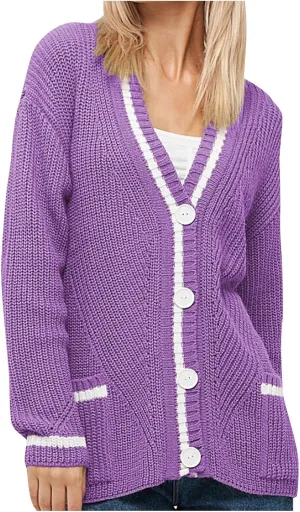 Women's Color Block Cardigan Sweaters 2024 Long Sleeve Button Down Open Front Chunky Knit Coat with Pockets