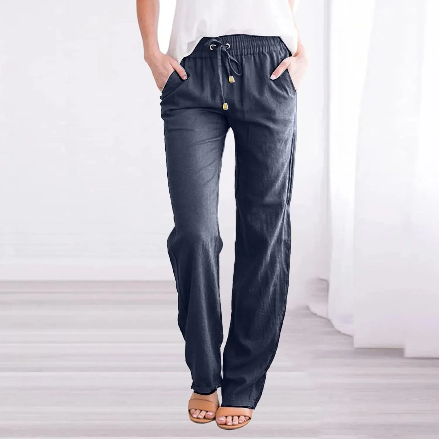 Women's Cotton Linen Lounge Pants Cosy Summer Beach Slacks Trousers High Waisted Loose Fitting Straight Leg Pants
