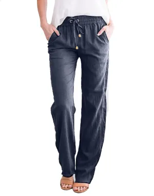 Women's Cotton Linen Lounge Pants Cosy Summer Beach Slacks Trousers High Waisted Loose Fitting Straight Leg Pants