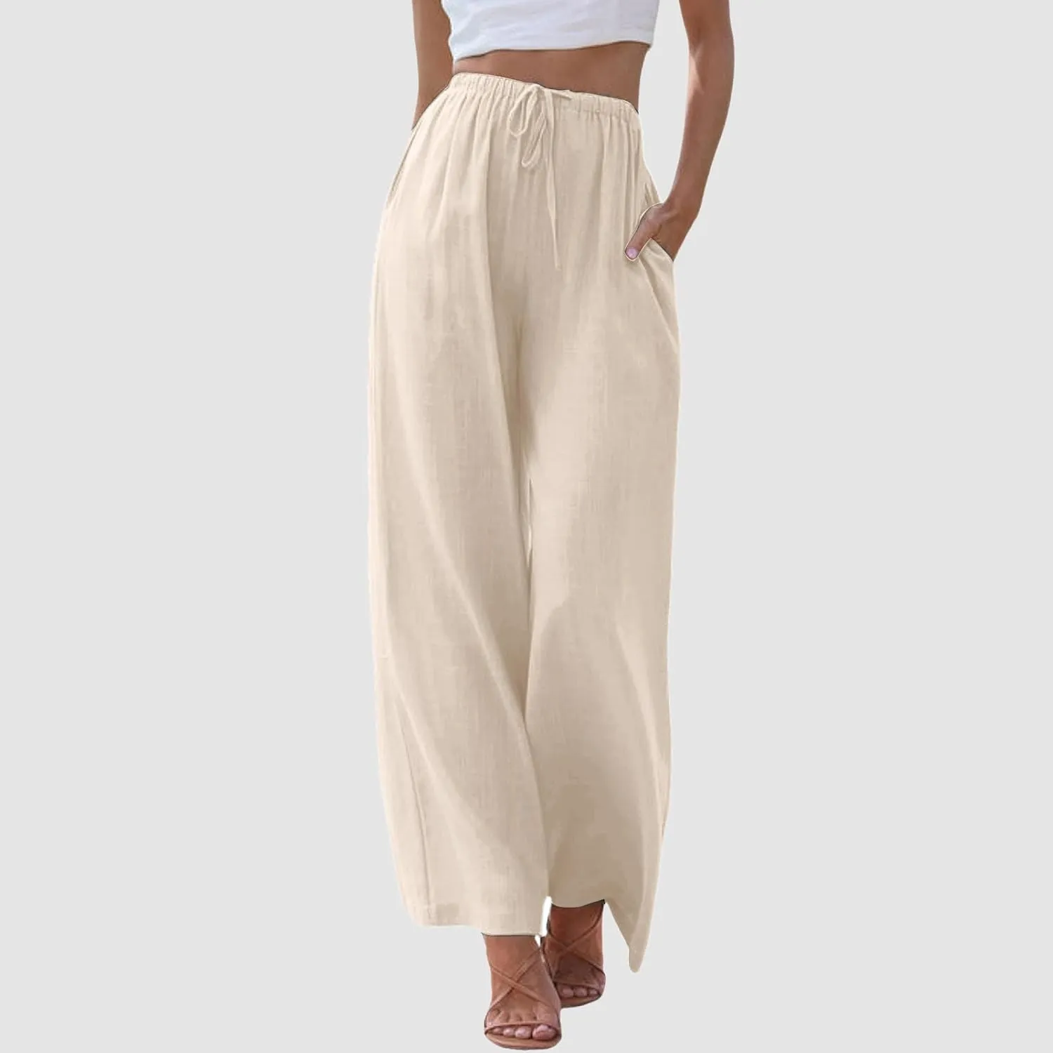 Womens Cotton Linen Palazzo Pants Drawstring Elastic Waist Casual Wide Leg Trousers Summer Beach Flowy Pants Pockets