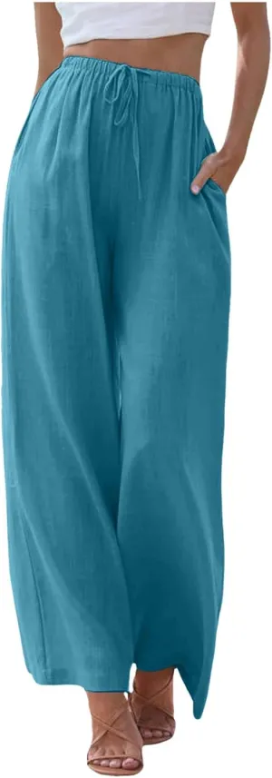 Womens Cotton Linen Palazzo Pants Drawstring Elastic Waist Casual Wide Leg Trousers Summer Beach Flowy Pants Pockets