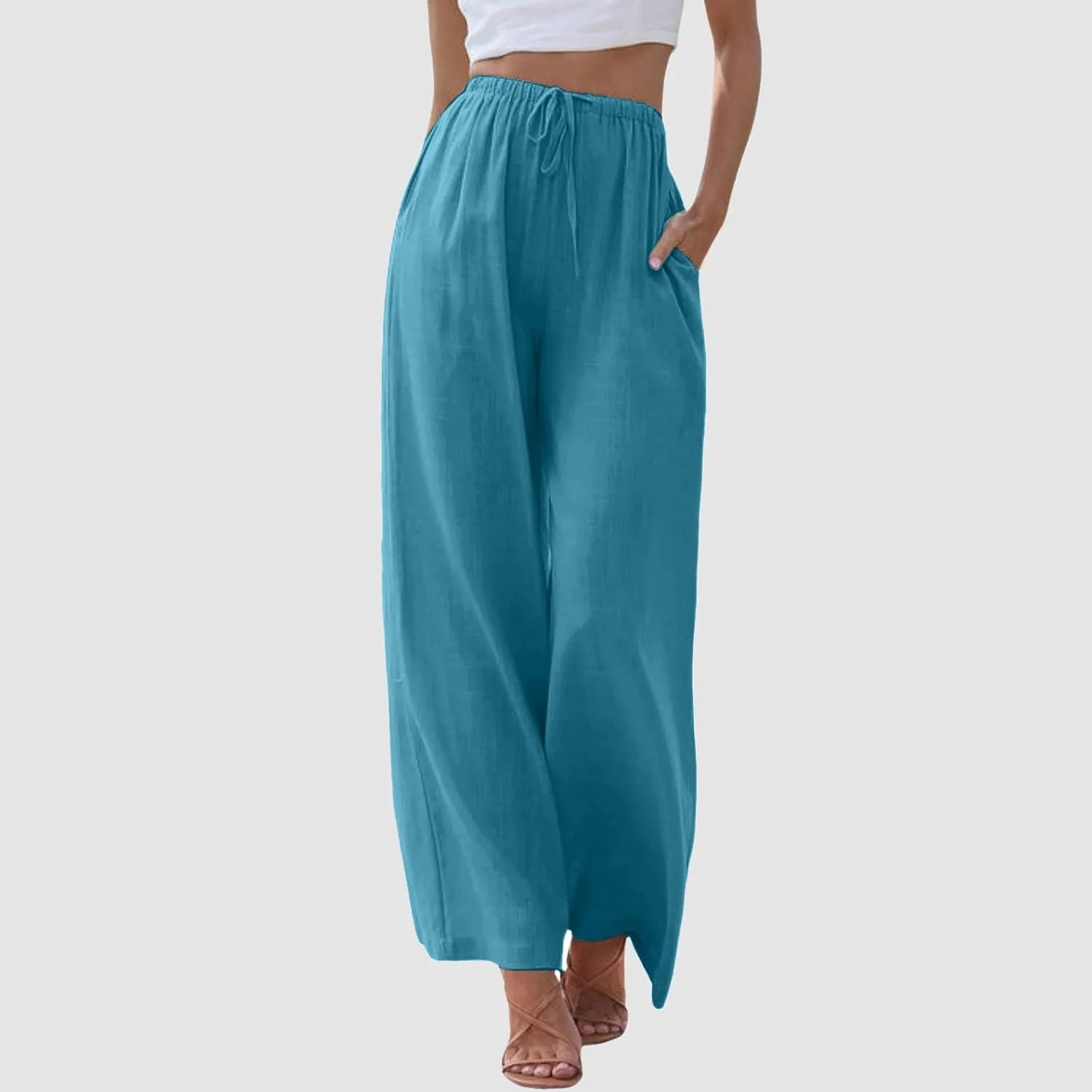 Womens Cotton Linen Palazzo Pants Drawstring Elastic Waist Casual Wide Leg Trousers Summer Beach Flowy Pants Pockets