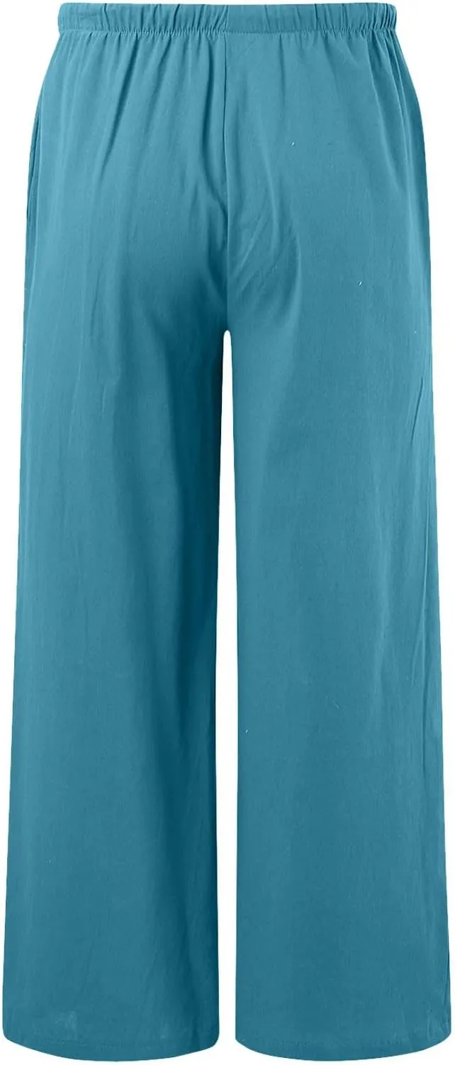 Womens Cotton Linen Palazzo Pants Drawstring Elastic Waist Casual Wide Leg Trousers Summer Beach Flowy Pants Pockets