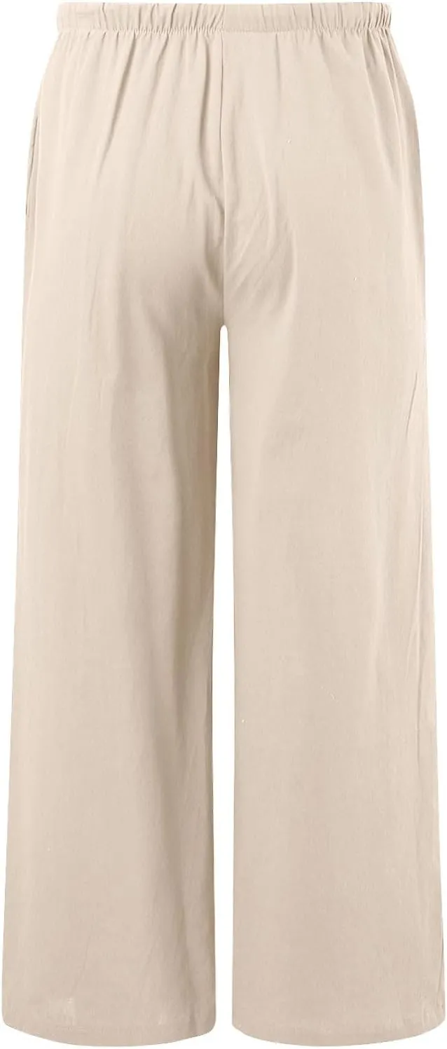 Womens Cotton Linen Palazzo Pants Drawstring Elastic Waist Casual Wide Leg Trousers Summer Beach Flowy Pants Pockets