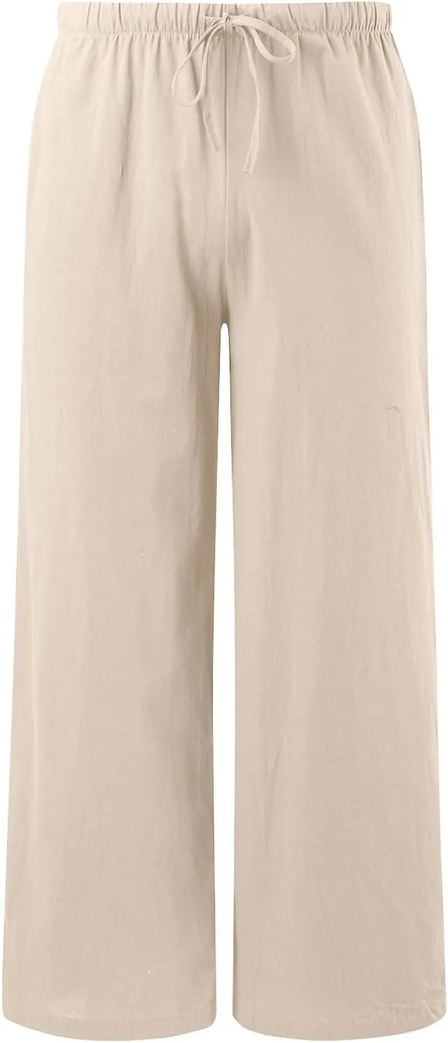 Womens Cotton Linen Palazzo Pants Drawstring Elastic Waist Casual Wide Leg Trousers Summer Beach Flowy Pants Pockets