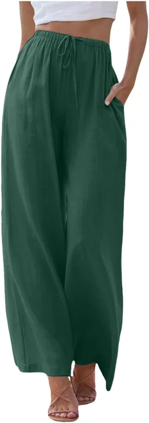 Womens Cotton Linen Palazzo Pants Drawstring Elastic Waist Casual Wide Leg Trousers Summer Beach Flowy Pants Pockets