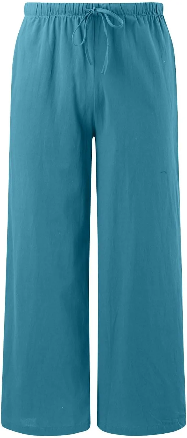 Womens Cotton Linen Palazzo Pants Drawstring Elastic Waist Casual Wide Leg Trousers Summer Beach Flowy Pants Pockets
