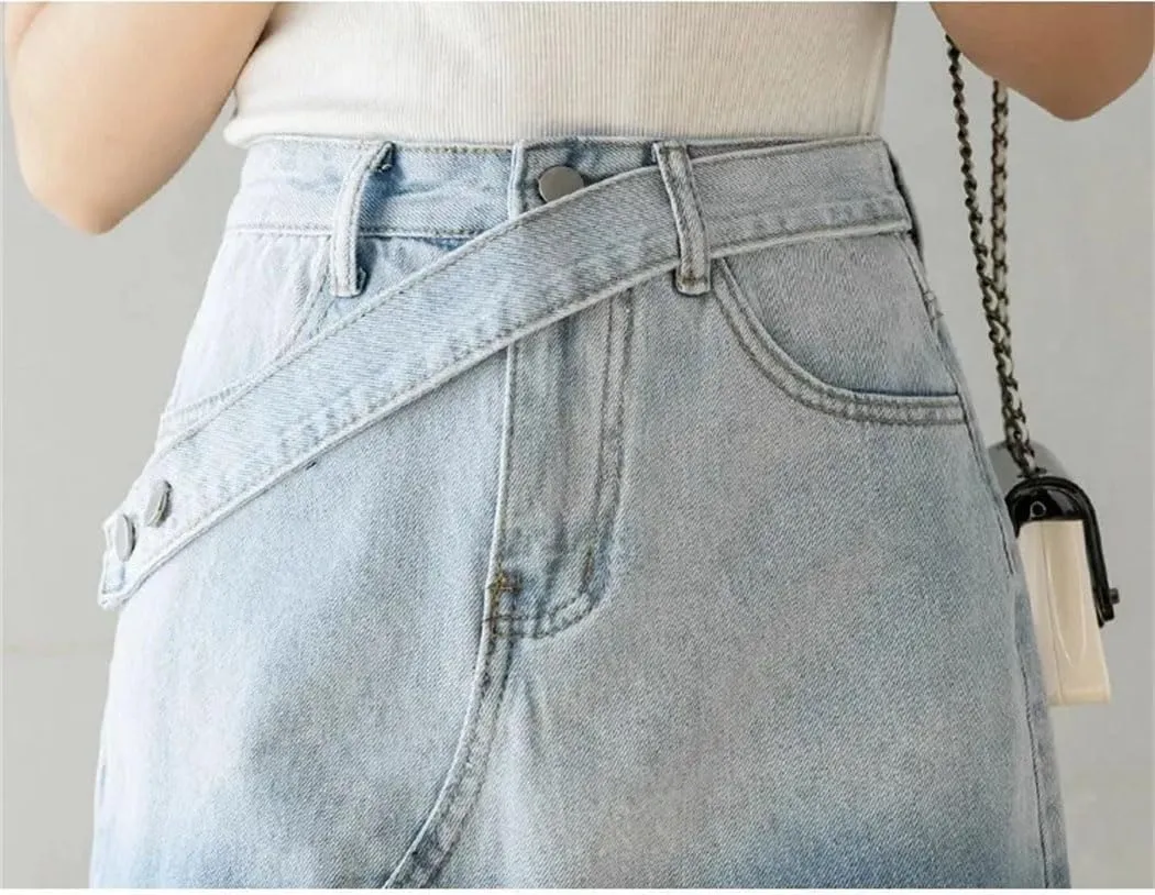 Women's Denim A-Line Skirt Gradient Color with Side Slit Fringe Detail Medium Length for Spring Summer