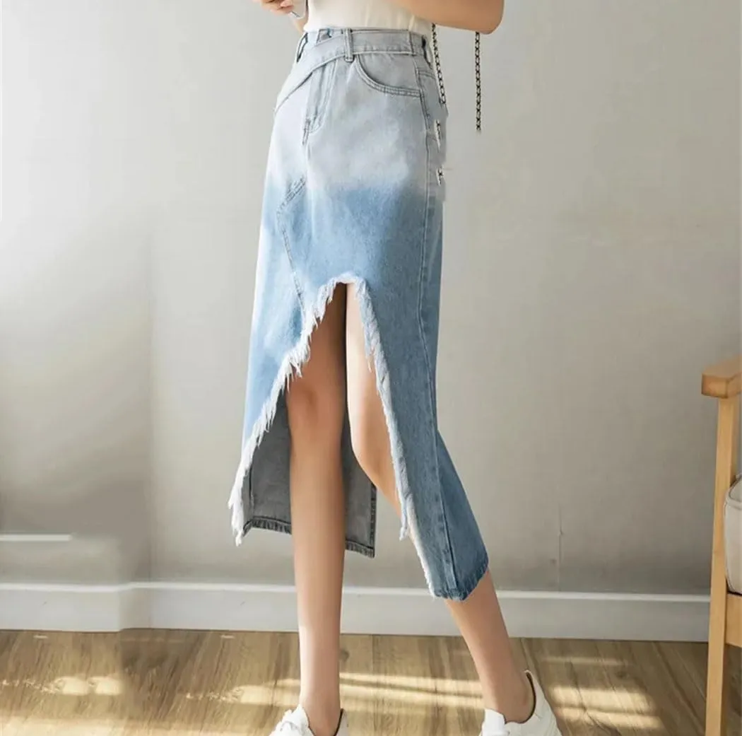 Women's Denim A-Line Skirt Gradient Color with Side Slit Fringe Detail Medium Length for Spring Summer