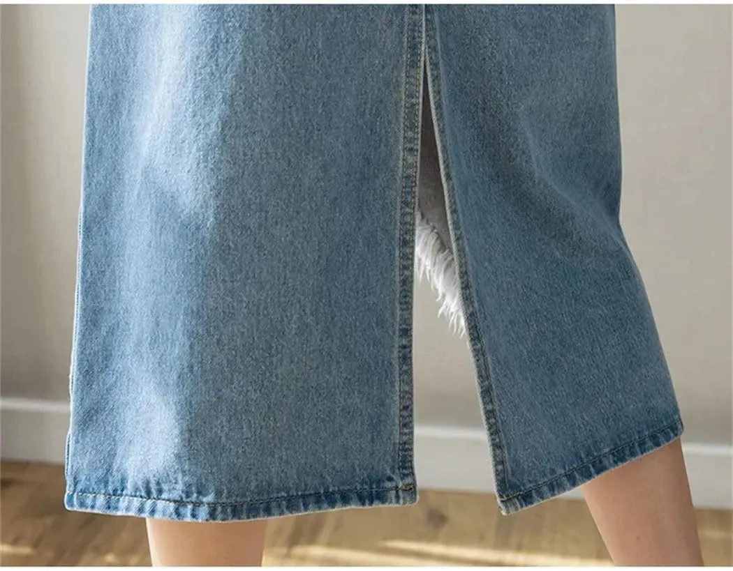 Women's Denim A-Line Skirt Gradient Color with Side Slit Fringe Detail Medium Length for Spring Summer