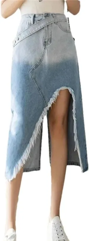 Women's Denim A-Line Skirt Gradient Color with Side Slit Fringe Detail Medium Length for Spring Summer