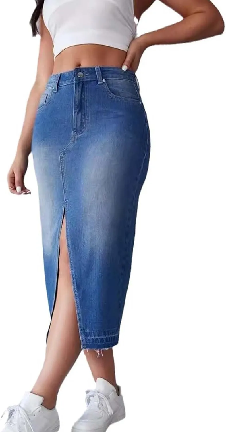 Womens Denim Skirt Front Slit High Waist Casual Midi Length Jean Skirt Slit Hem Slim Fit Pencil Bodycon Long Skirt