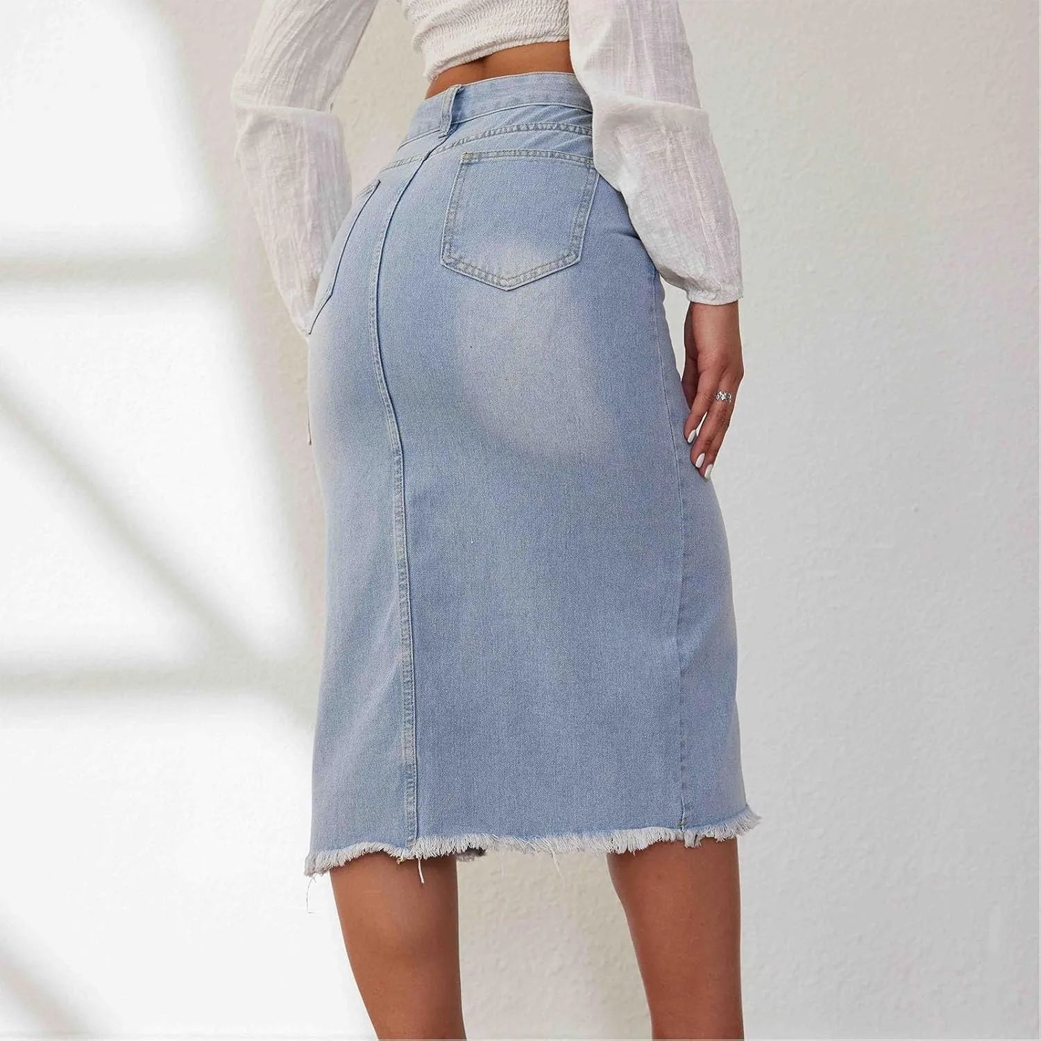 Womens Denim Skirt Front Slit High Waist Casual Midi Length Jean Skirt Slit Hem Slim Fit Pencil Bodycon Long Skirt