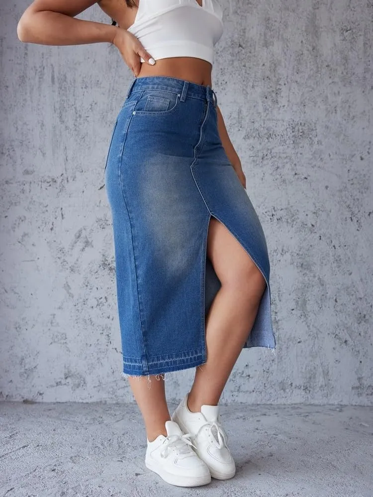 Womens Denim Skirt Front Slit High Waist Casual Midi Length Jean Skirt Slit Hem Slim Fit Pencil Bodycon Long Skirt