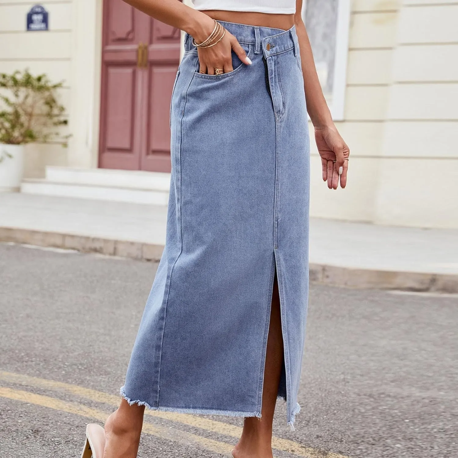 Womens Denim Skirt Front Slit High Waist Casual Midi Length Jean Skirt Slit Hem Slim Fit Pencil Bodycon Long Skirt