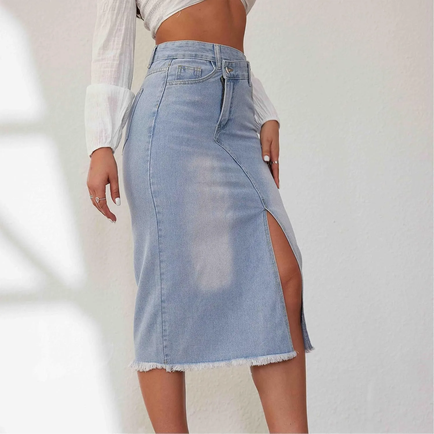 Womens Denim Skirt Front Slit High Waist Casual Midi Length Jean Skirt Slit Hem Slim Fit Pencil Bodycon Long Skirt