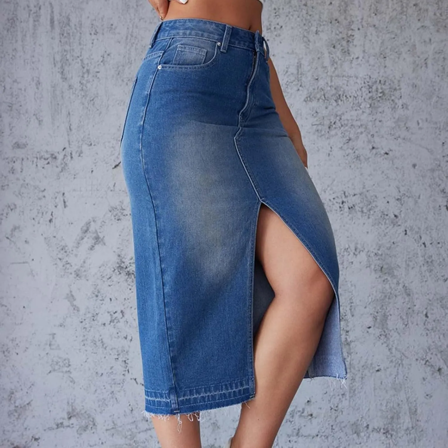 Womens Denim Skirt Front Slit High Waist Casual Midi Length Jean Skirt Slit Hem Slim Fit Pencil Bodycon Long Skirt