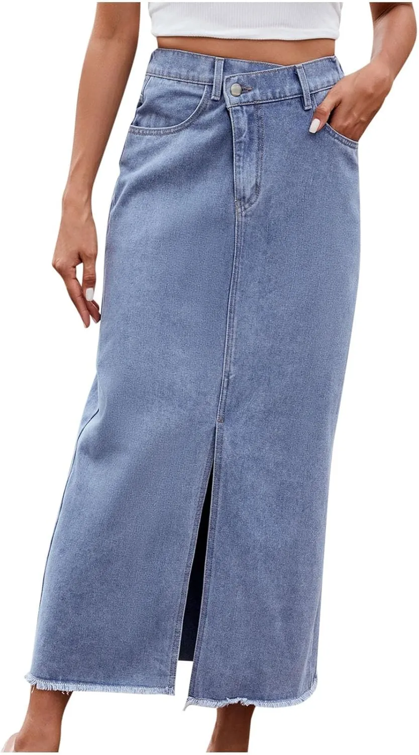 Womens Denim Skirt Front Slit High Waist Casual Midi Length Jean Skirt Slit Hem Slim Fit Pencil Bodycon Long Skirt