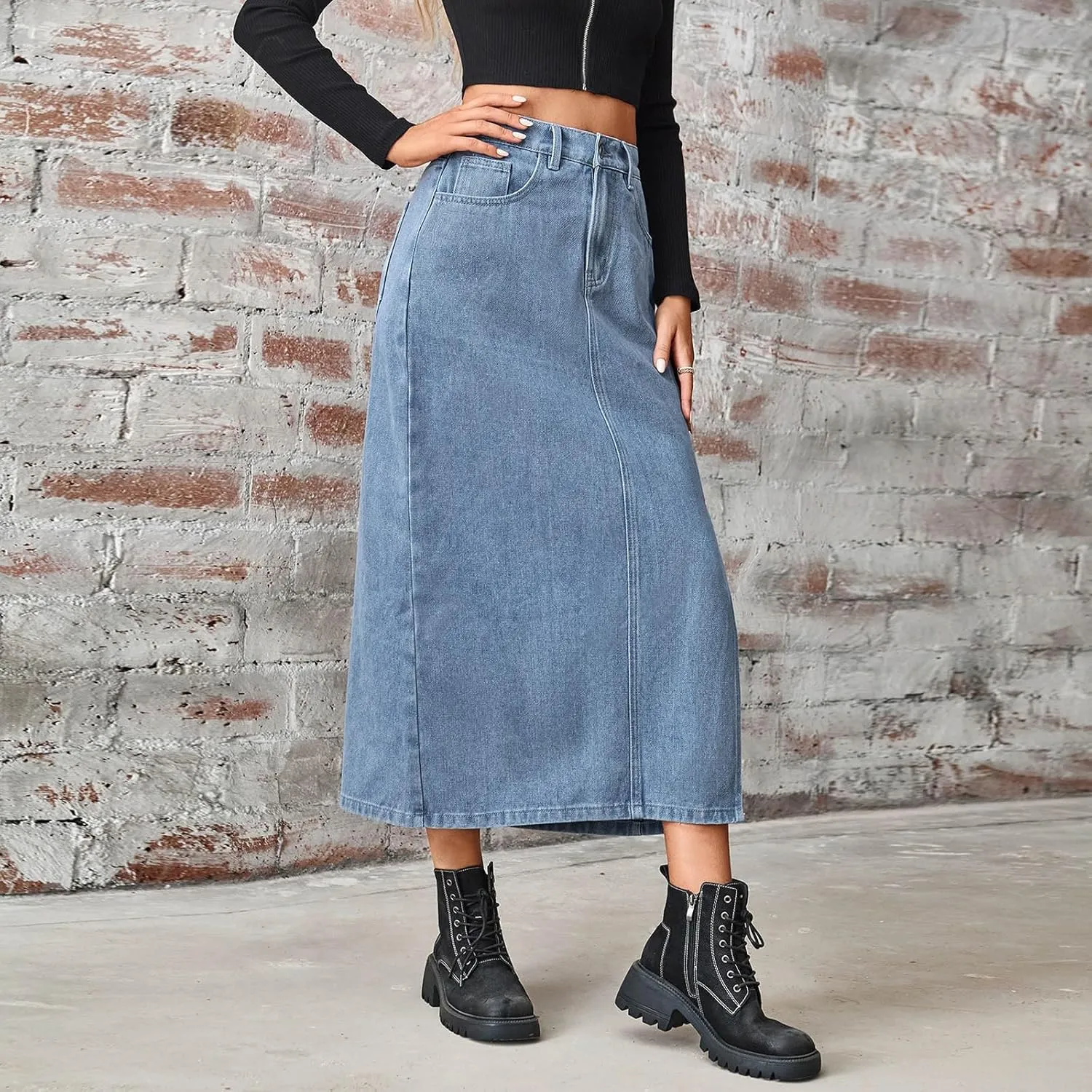 Womens Denim Skirt Front Slit High Waist Casual Midi Length Jean Skirt Slit Hem Slim Fit Pencil Bodycon Long Skirt