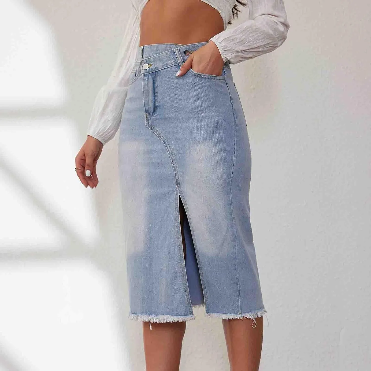 Womens Denim Skirt Front Slit High Waist Casual Midi Length Jean Skirt Slit Hem Slim Fit Pencil Bodycon Long Skirt