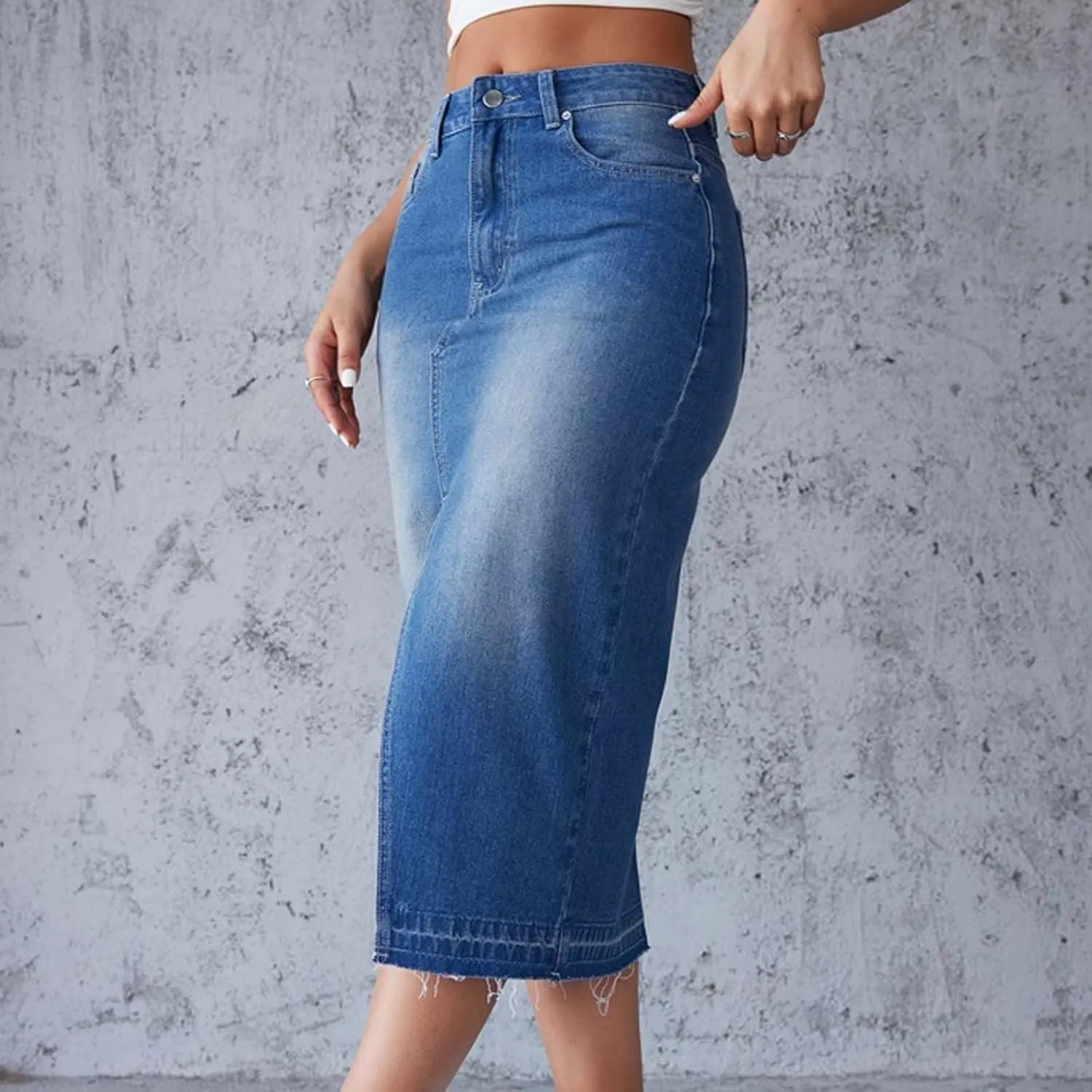 Womens Denim Skirt Front Slit High Waist Casual Midi Length Jean Skirt Slit Hem Slim Fit Pencil Bodycon Long Skirt