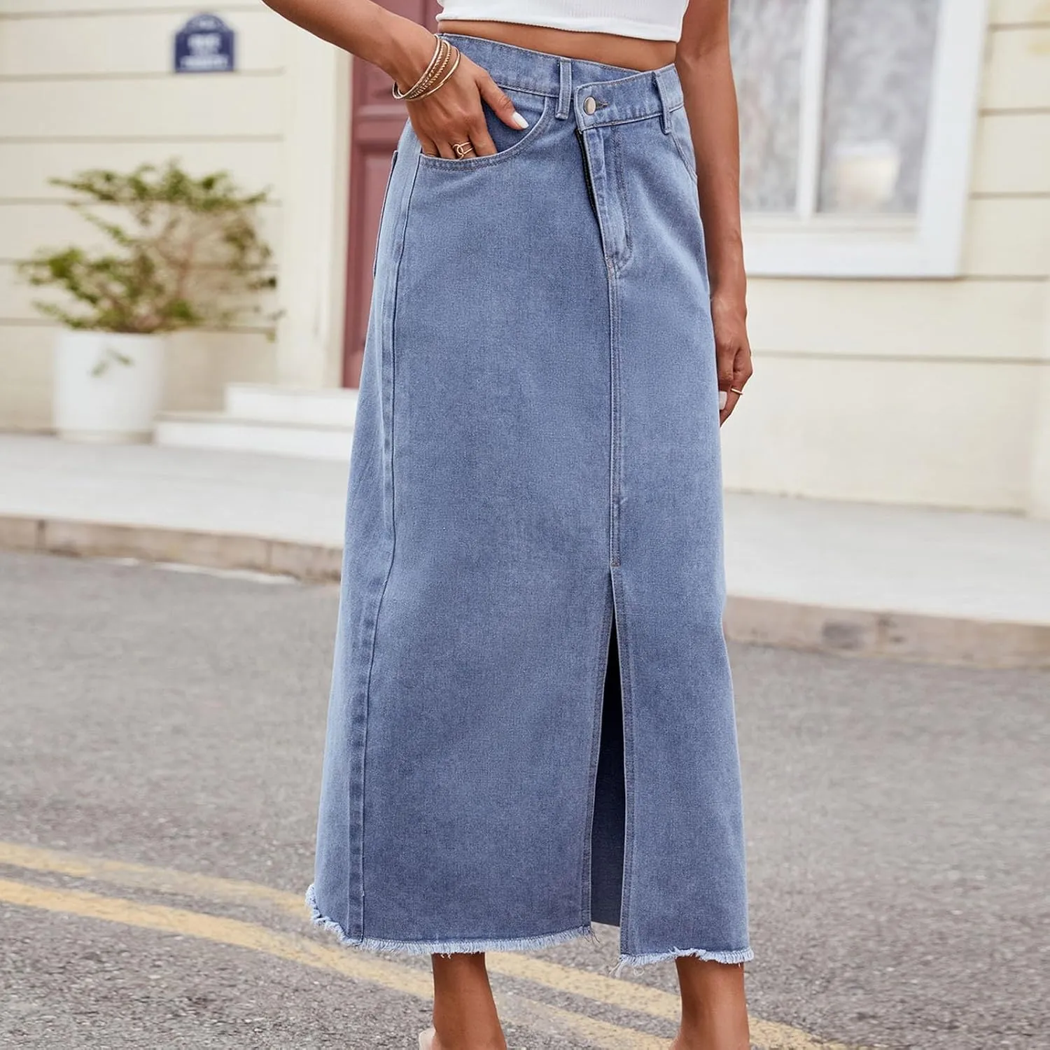 Womens Denim Skirt Front Slit High Waist Casual Midi Length Jean Skirt Slit Hem Slim Fit Pencil Bodycon Long Skirt