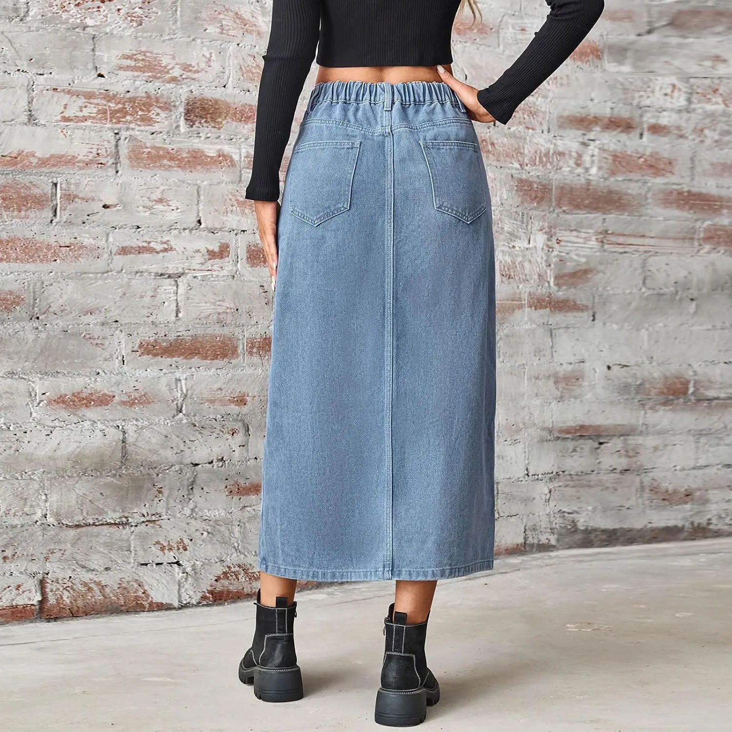 Womens Denim Skirt Front Slit High Waist Casual Midi Length Jean Skirt Slit Hem Slim Fit Pencil Bodycon Long Skirt