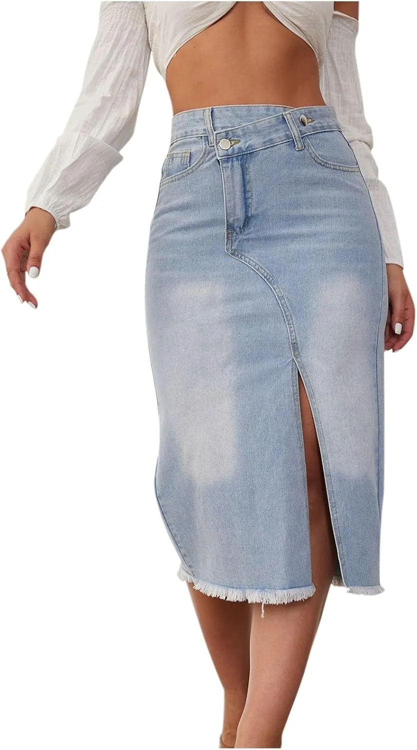 Womens Denim Skirt Front Slit High Waist Casual Midi Length Jean Skirt Slit Hem Slim Fit Pencil Bodycon Long Skirt